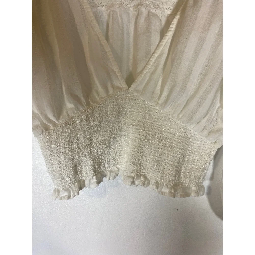 Zara XS Ivory Peasant Crop Top Lace Smocked Boho Cottagecore Blouse Milkmaid